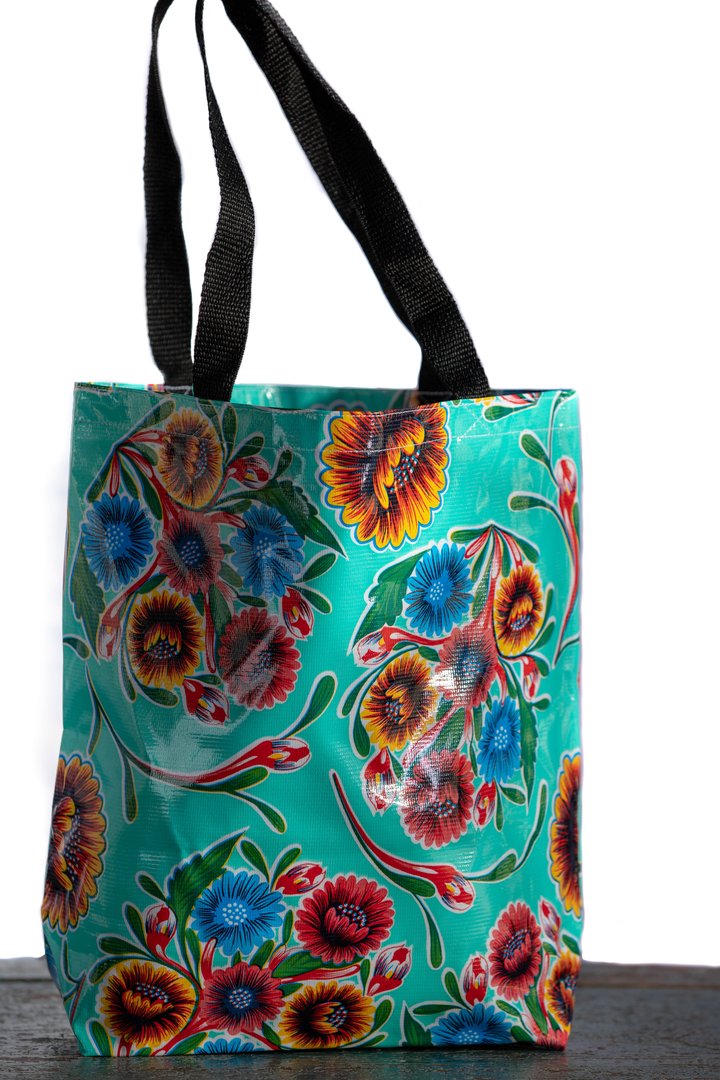 Mexican Oilcloth Tote Bag - Medium Bloom Aqua Blue