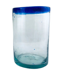 Handblown Mexican Drinking Glass - blue rim - Chile Mojo