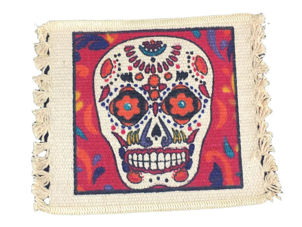 Cotton Drink Coaster - Day of the Dead Calavera Sugar Skull on Red - Chile Mojo