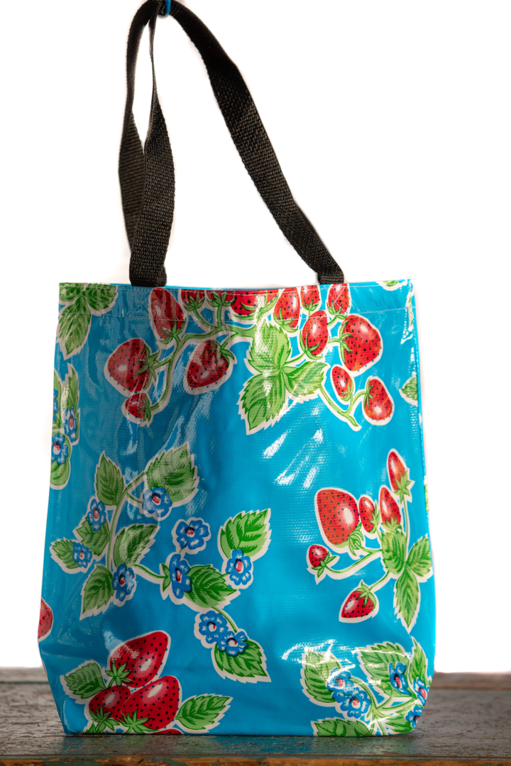 Mexican Oilcloth Tote Bag - Medium Strawberries Blue