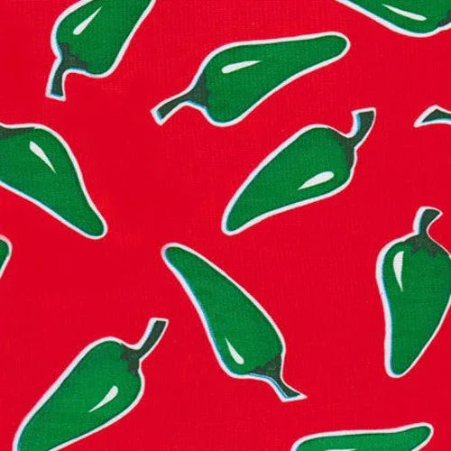 Mexican Oilcloth Table Cover - Chiles Green on Red - Chile Mojo