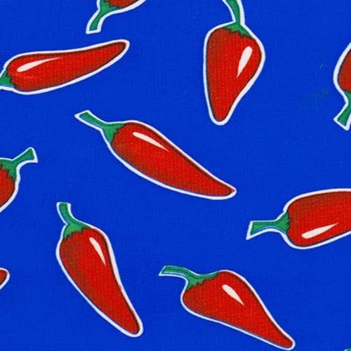 Mexican Oilcloth Table Cover - Chiles Red on Blue - Chile Mojo
