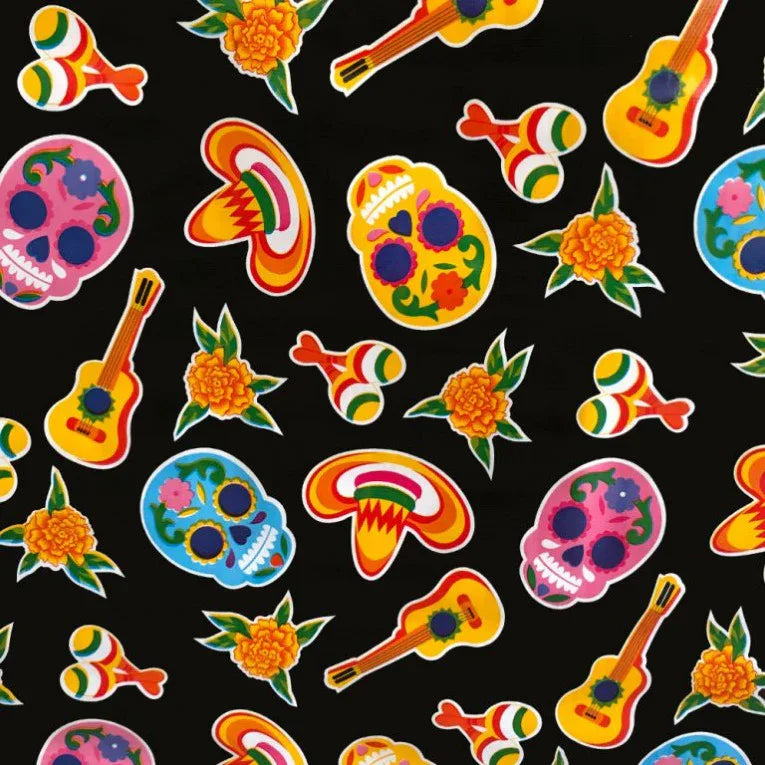 Mexican Oilcloth Table Cover - Sugar Skulls on Black - Chile Mojo