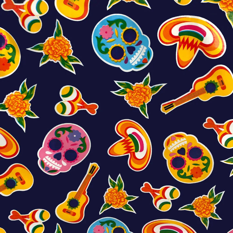 Mexican Oilcloth Table Cover - Sugar Skulls on Navy Blue - Chile Mojo