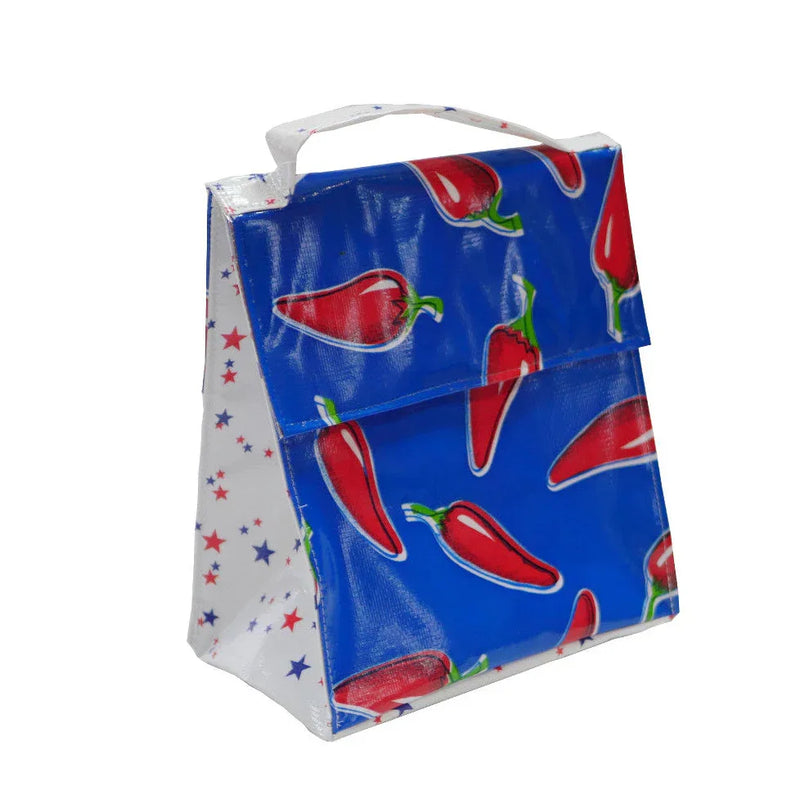 Mexican Oilcloth Insulated Lunch Bag - Chiles Red on Blue - Chile Mojo