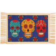Day of the Dead cotton placemat - 3 Calavera Sugar Skulls on Blue - Chile Mojo