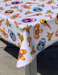 Mexican Oilcloth Table Cover - Sugar Skulls on White - Chile Mojo