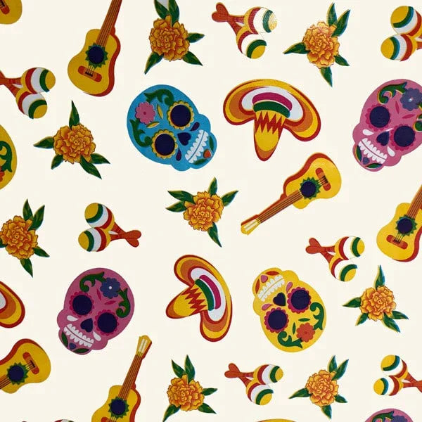 Mexican Oilcloth Table Cover - Sugar Skulls on White - Chile Mojo